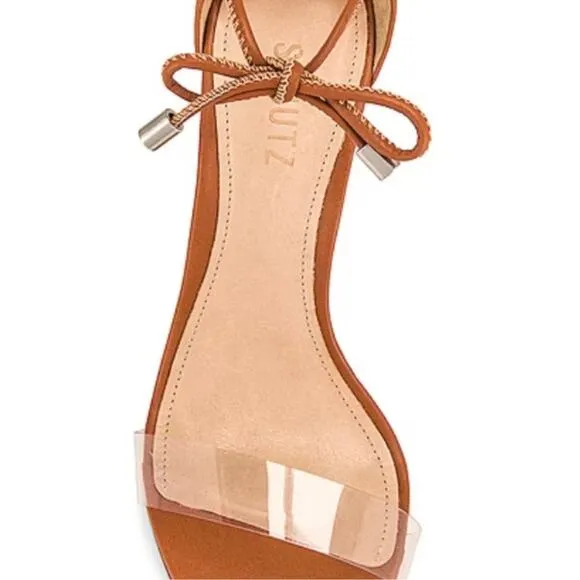 SCHUTZ JOSSEANA RUST/BROWN NAPPA LEATHER &amp; CLEAR VINYL ANKLE TIE STILETTO HEELS