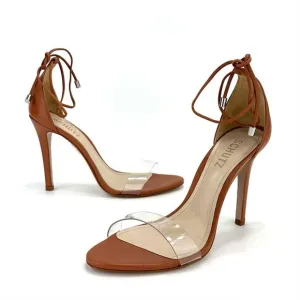 SCHUTZ JOSSEANA RUST/BROWN NAPPA LEATHER &amp; CLEAR VINYL ANKLE TIE STILETTO HEELS