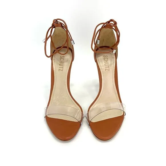 SCHUTZ JOSSEANA RUST/BROWN NAPPA LEATHER &amp; CLEAR VINYL ANKLE TIE STILETTO HEELS