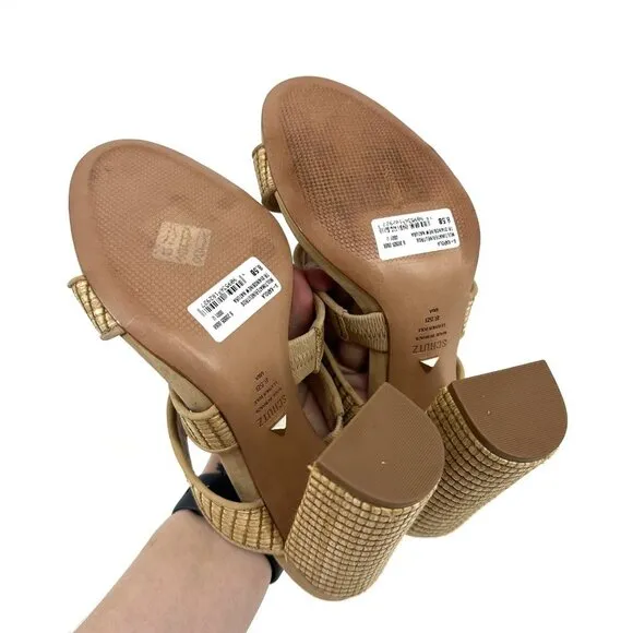 Schutz Karola High Block Heel Slide Sandals Natural Light Wood Size 8.5