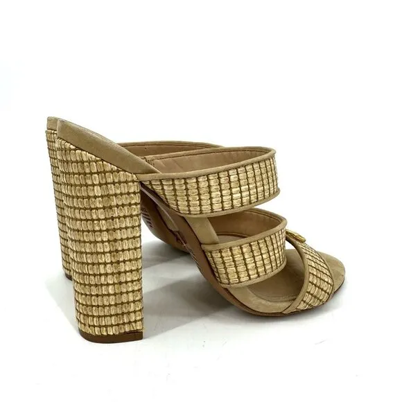 Schutz Karola High Block Heel Slide Sandals Natural Light Wood Size 8.5