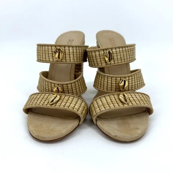 Schutz Karola High Block Heel Slide Sandals Natural Light Wood Size 8.5