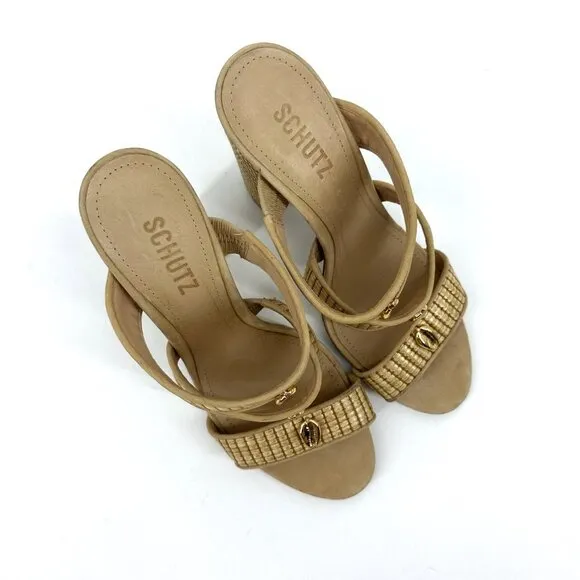 Schutz Karola High Block Heel Slide Sandals Natural Light Wood Size 8.5