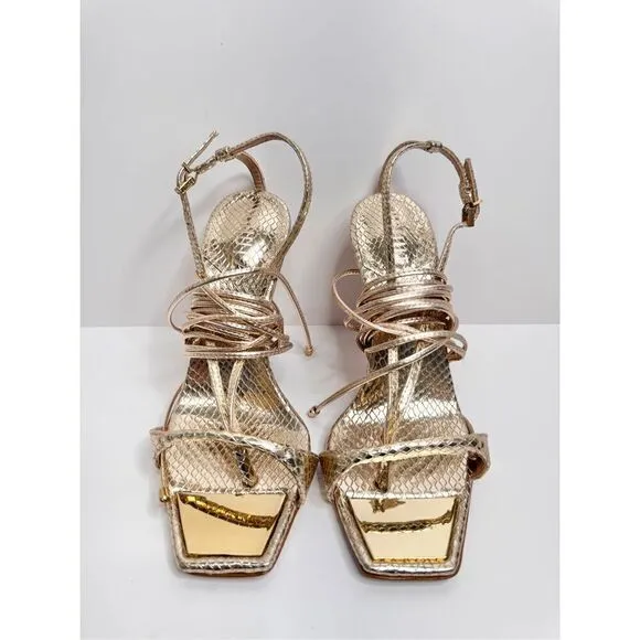 SCHUTZ Lace Up Sandals Womens Size 6B Gold Snake Embossed Heels NEW