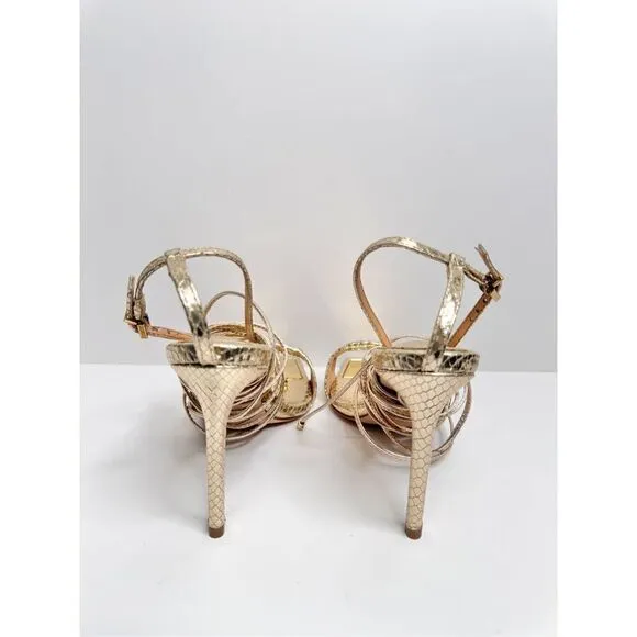 SCHUTZ Lace Up Sandals Womens Size 6B Gold Snake Embossed Heels NEW
