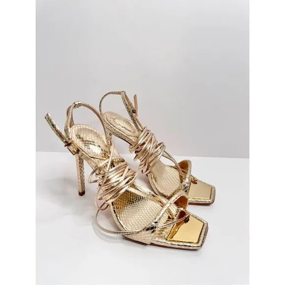SCHUTZ Lace Up Sandals Womens Size 6B Gold Snake Embossed Heels NEW