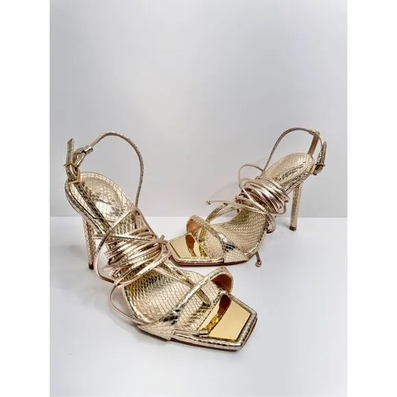 SCHUTZ Lace Up Sandals Womens Size 6B Gold Snake Embossed Heels NEW