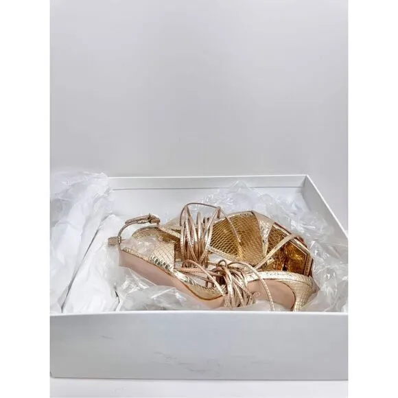 SCHUTZ Lace Up Sandals Womens Size 6B Gold Snake Embossed Heels NEW