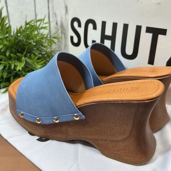 Schutz Lanneh Suede Wooden Heel Clog Sandals Size 9