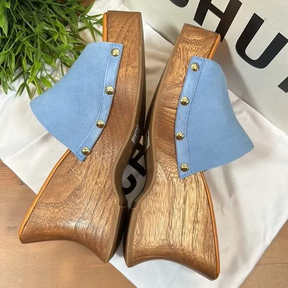Schutz Lanneh Suede Wooden Heel Clog Sandals Size 9