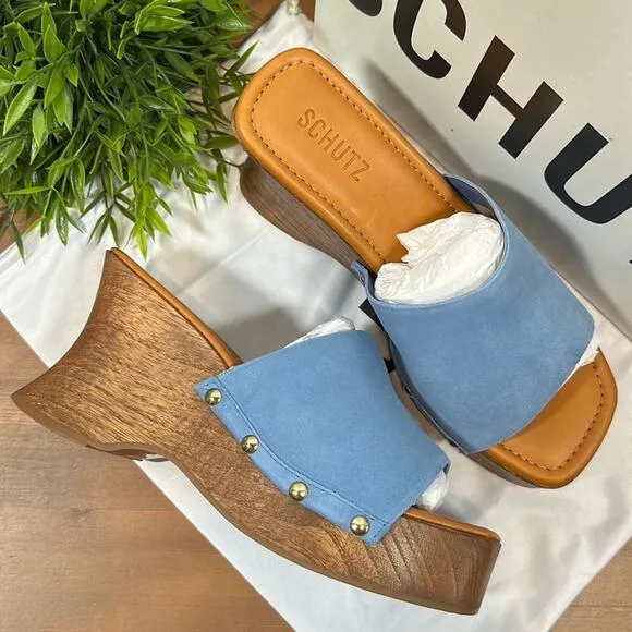 Schutz Lanneh Suede Wooden Heel Clog Sandals Size 9