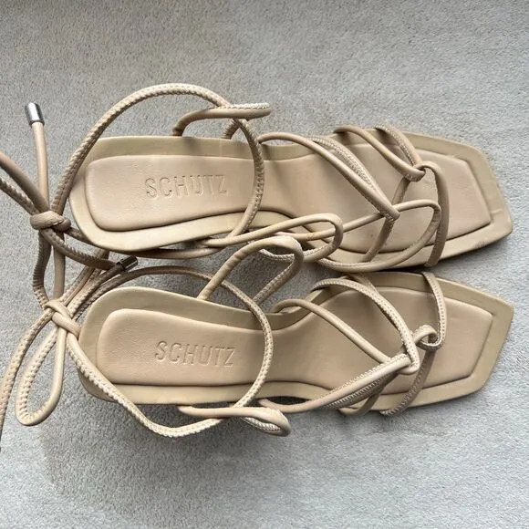 Schutz Nude Beige Leather Strappy Heeled Sandals Women US 11 B Sexy Neutral