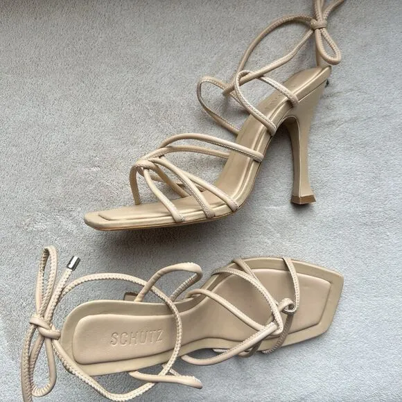 Schutz Nude Beige Leather Strappy Heeled Sandals Women US 11 B Sexy Neutral