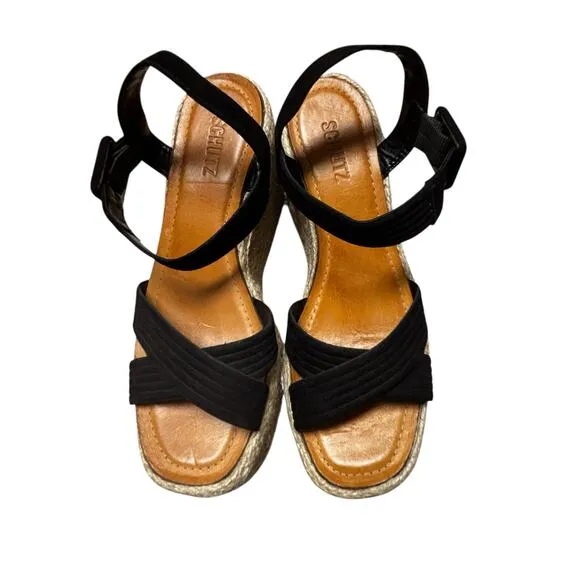 Schutz NWOT Womens Blisse Platform Wedge Sandals Sz 9.5B Black Espadrille Summer