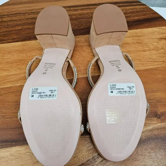 Schutz S-Derika Sandals 8 Stone Nude Honey Beige Slip On Two Strap Suede Leather