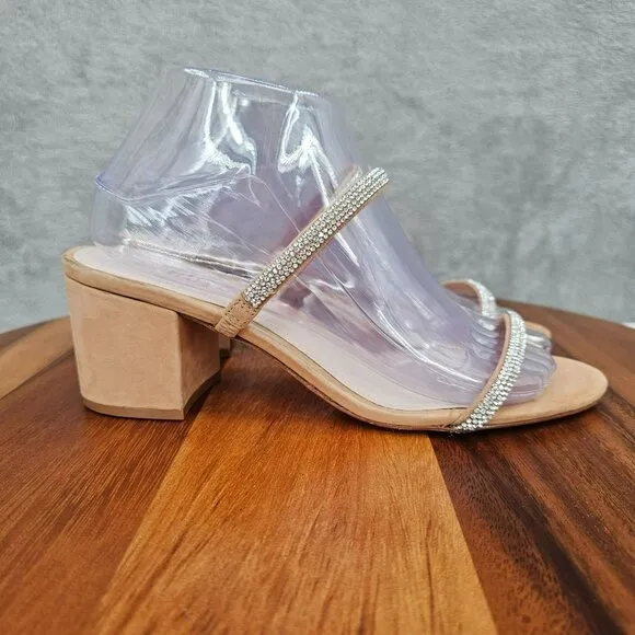 Schutz S-Derika Sandals 8 Stone Nude Honey Beige Slip On Two Strap Suede Leather