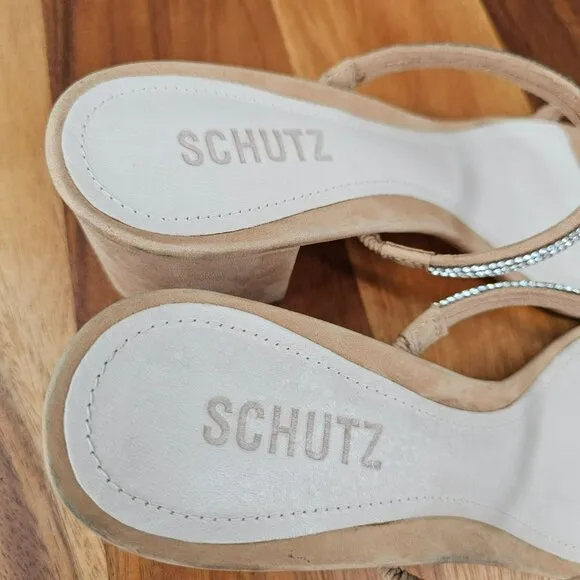 Schutz S-Derika Sandals 8 Stone Nude Honey Beige Slip On Two Strap Suede Leather