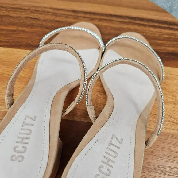 Schutz S-Derika Sandals 8 Stone Nude Honey Beige Slip On Two Strap Suede Leather