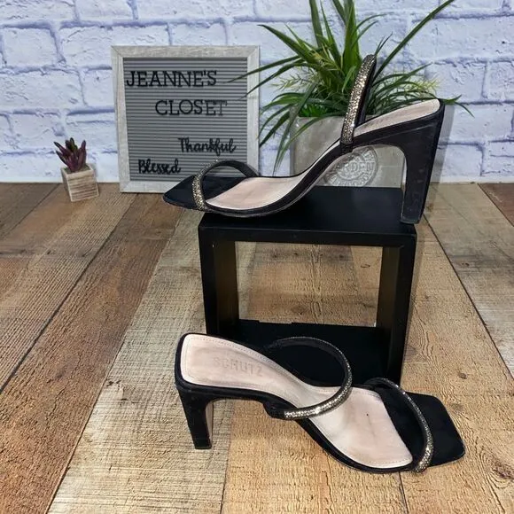 Schutz Salwa Black Suede Rhinestone Open Toe Thin Strap Heel Mule Sandal 8.5