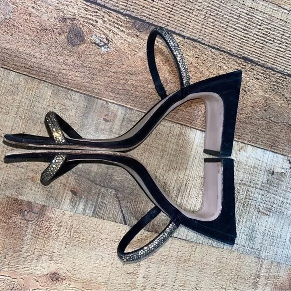Schutz Salwa Black Suede Rhinestone Open Toe Thin Strap Heel Mule Sandal 8.5