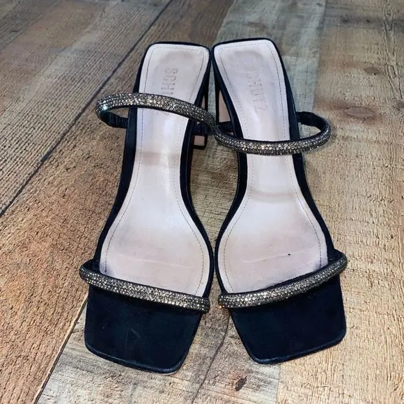 Schutz Salwa Black Suede Rhinestone Open Toe Thin Strap Heel Mule Sandal 8.5