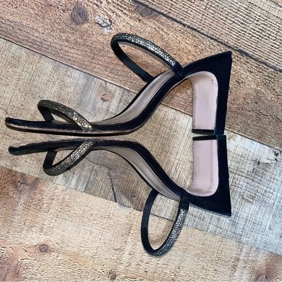 Schutz Salwa Black Suede Rhinestone Open Toe Thin Strap Heel Mule Sandal 8.5