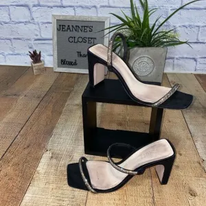 Schutz Salwa Black Suede Rhinestone Open Toe Thin Strap Heel Mule Sandal 8.5