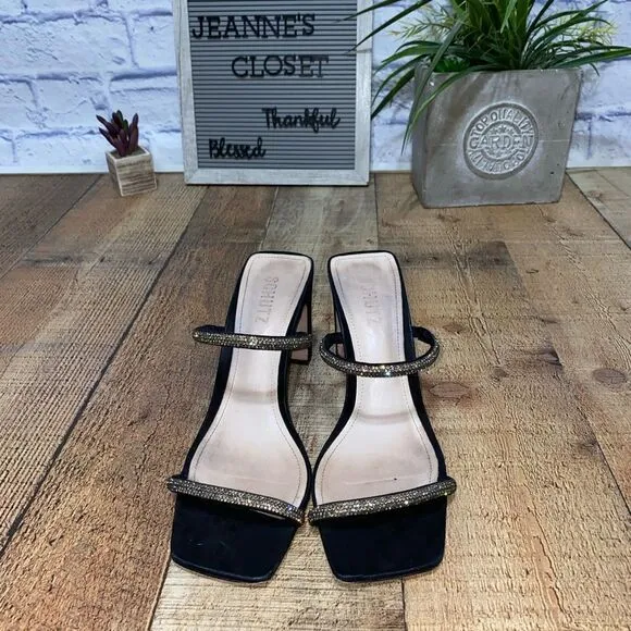 Schutz Salwa Black Suede Rhinestone Open Toe Thin Strap Heel Mule Sandal 8.5