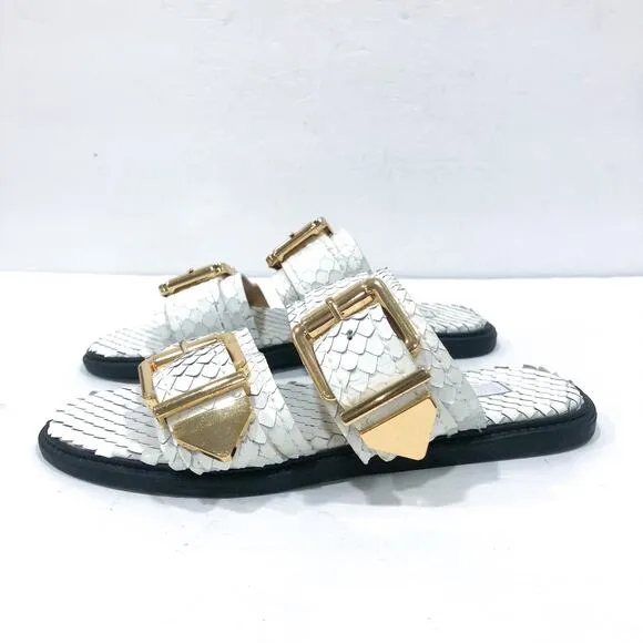 Schutz Shina White Snake Reptile Embossed Leather Slide Sandals