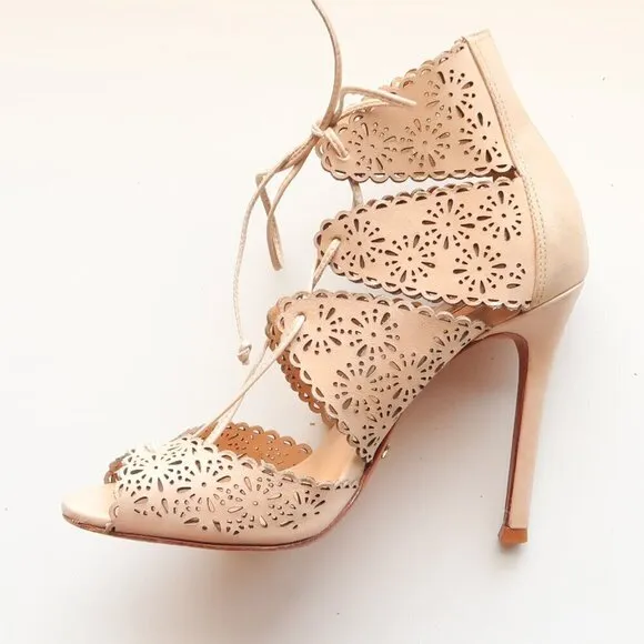 Schutz Tan Perforated Leather Heels Lace-up Peep Toe Summer Shoes Size 6.5