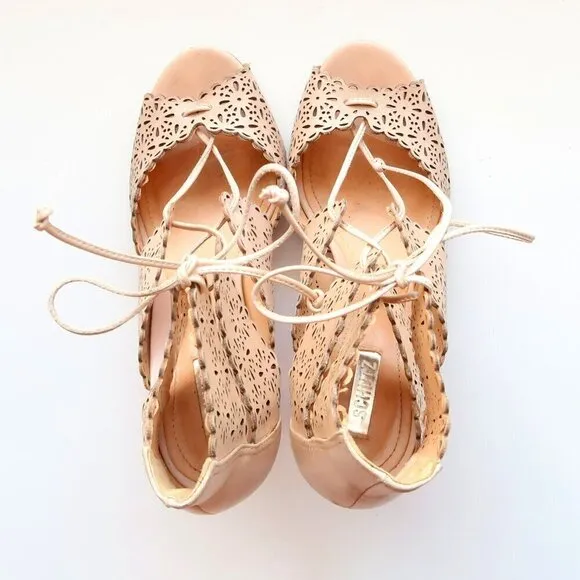 Schutz Tan Perforated Leather Heels Lace-up Peep Toe Summer Shoes Size 6.5