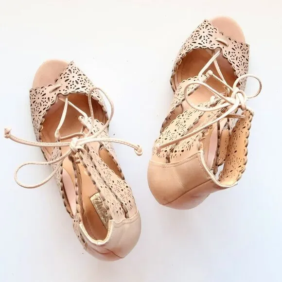 Schutz Tan Perforated Leather Heels Lace-up Peep Toe Summer Shoes Size 6.5