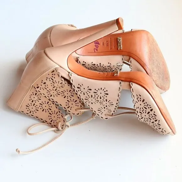 Schutz Tan Perforated Leather Heels Lace-up Peep Toe Summer Shoes Size 6.5