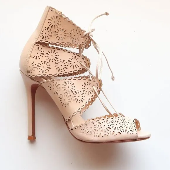 Schutz Tan Perforated Leather Heels Lace-up Peep Toe Summer Shoes Size 6.5