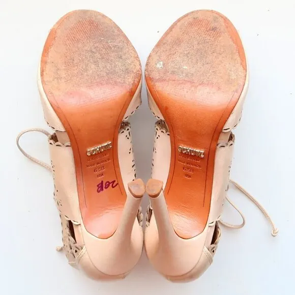 Schutz Tan Perforated Leather Heels Lace-up Peep Toe Summer Shoes Size 6.5