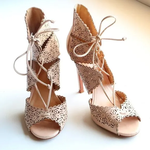 Schutz Tan Perforated Leather Heels Lace-up Peep Toe Summer Shoes Size 6.5