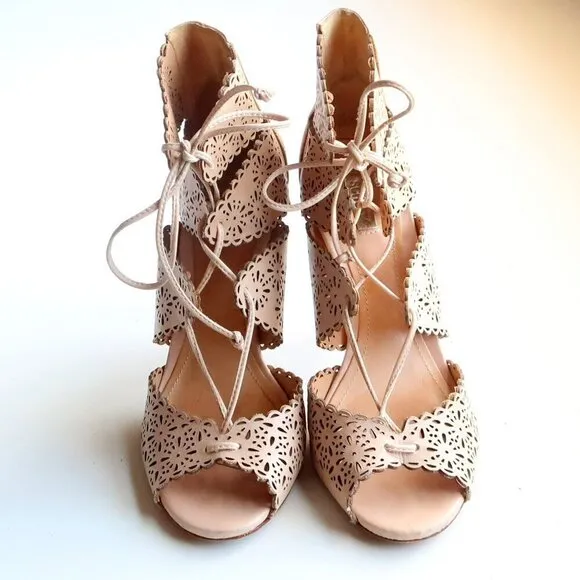 Schutz Tan Perforated Leather Heels Lace-up Peep Toe Summer Shoes Size 6.5