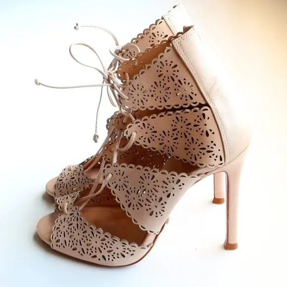 Schutz Tan Perforated Leather Heels Lace-up Peep Toe Summer Shoes Size 6.5