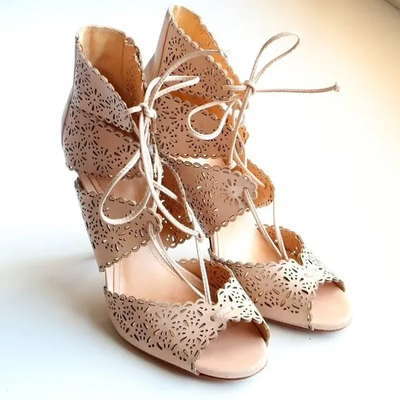 Schutz Tan Perforated Leather Heels Lace-up Peep Toe Summer Shoes Size 6.5