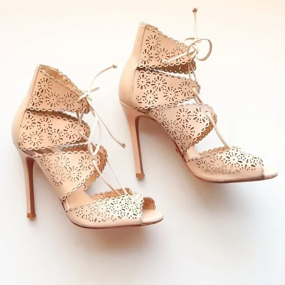 Schutz Tan Perforated Leather Heels Lace-up Peep Toe Summer Shoes Size 6.5