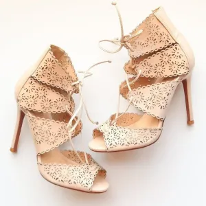 Schutz Tan Perforated Leather Heels Lace-up Peep Toe Summer Shoes Size 6.5