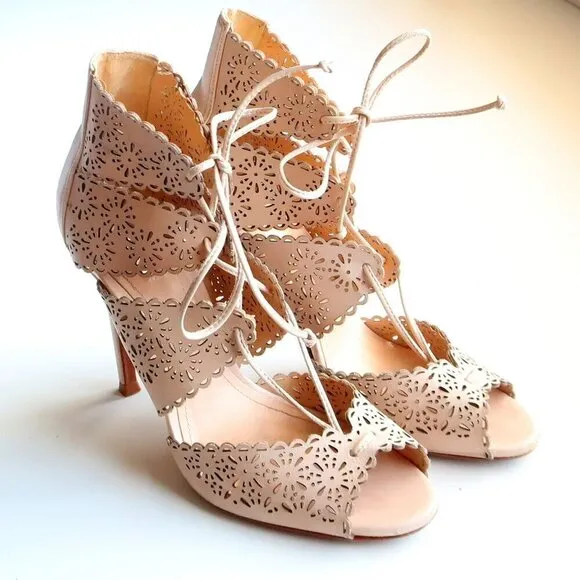 Schutz Tan Perforated Leather Heels Lace-up Peep Toe Summer Shoes Size 6.5