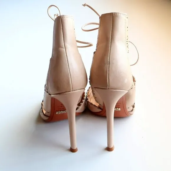 Schutz Tan Perforated Leather Heels Lace-up Peep Toe Summer Shoes Size 6.5