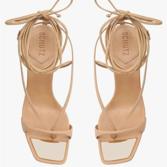 SCHUTZ Vikki Low T strap lace up leather Sandals heels 5.5‎