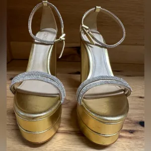 SCHUTZ Women's Fabienne 143mm Gold Metallic Rhinestone Platform Sandals NWOB