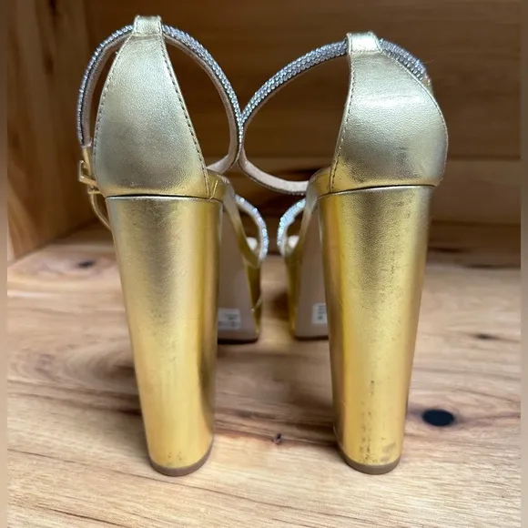 SCHUTZ Women's Fabienne 143mm Gold Metallic Rhinestone Platform Sandals NWOB