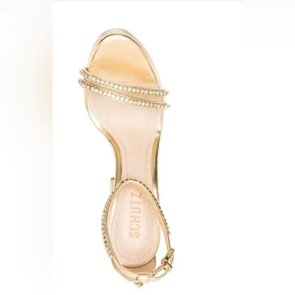 SCHUTZ Women's Fabienne 143mm Gold Metallic Rhinestone Platform Sandals NWOB