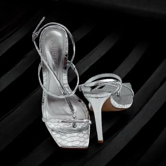 Schutz Womens Heloise Silver Metallic High Heel Square Toe Sandal Size 8