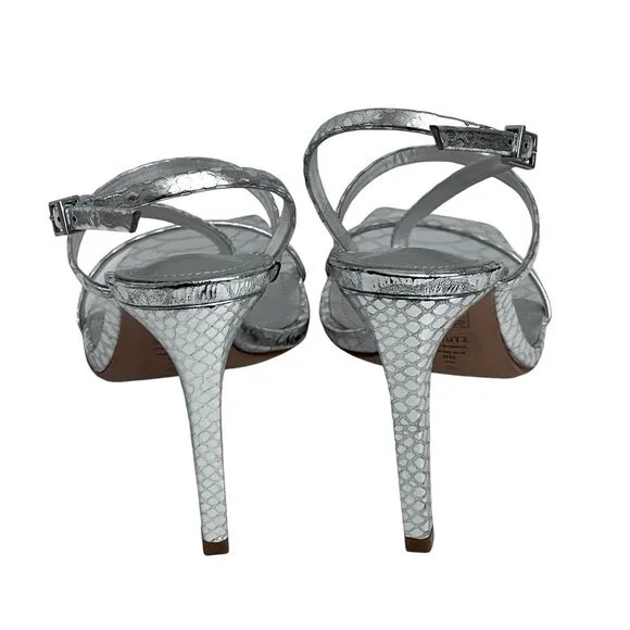 Schutz Womens Heloise Silver Metallic High Heel Square Toe Sandal Size 8
