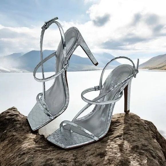 Schutz Womens Heloise Silver Metallic High Heel Square Toe Sandal Size 8
